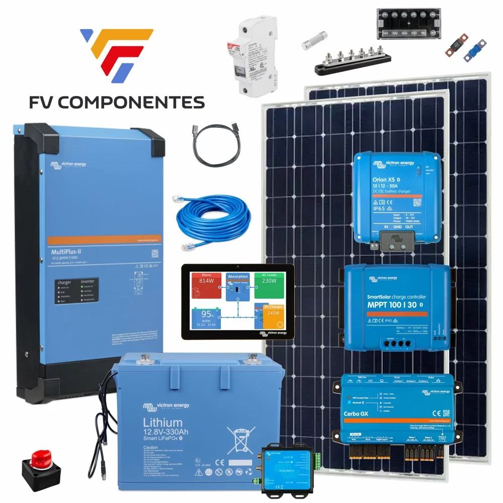 Kit de campismo solar Victron 3000W - Lítio 330Ah - Completo