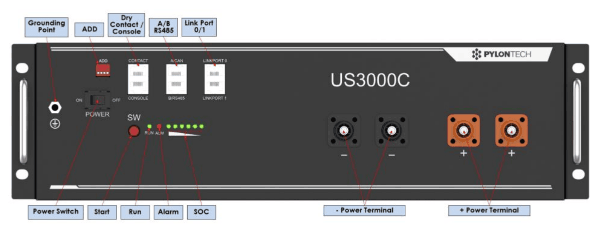 Conexiones Bateria de Litio 3.5kWh Pylontech - US3000C 48V