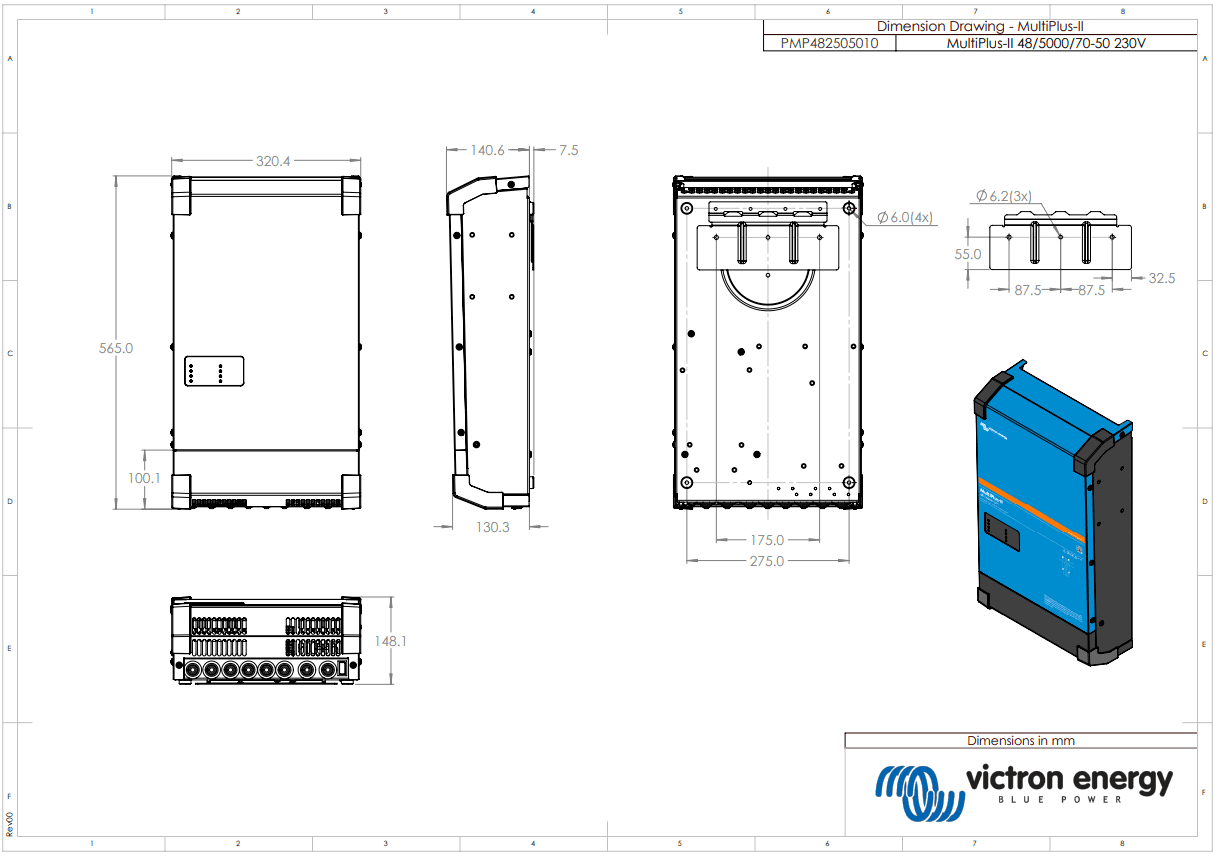 Dimensions de l'onduleur chargeur 48V Victron MultiPlus II 485000 VA 48V 70+50A - PMP482505010