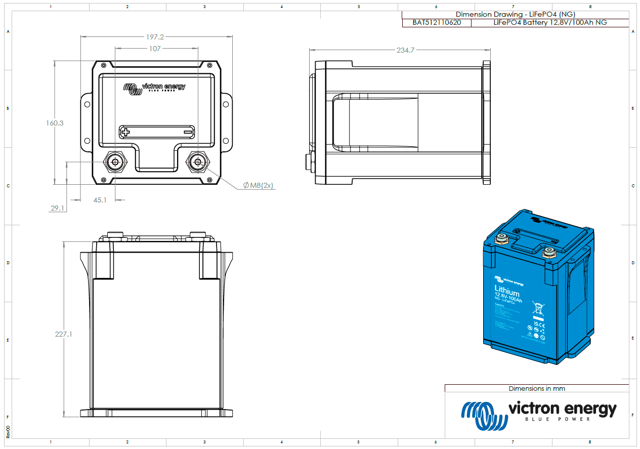 Medidas Bateria de litio LiFePO4 Victron 12,8V 100Ah NG - BAT512110620