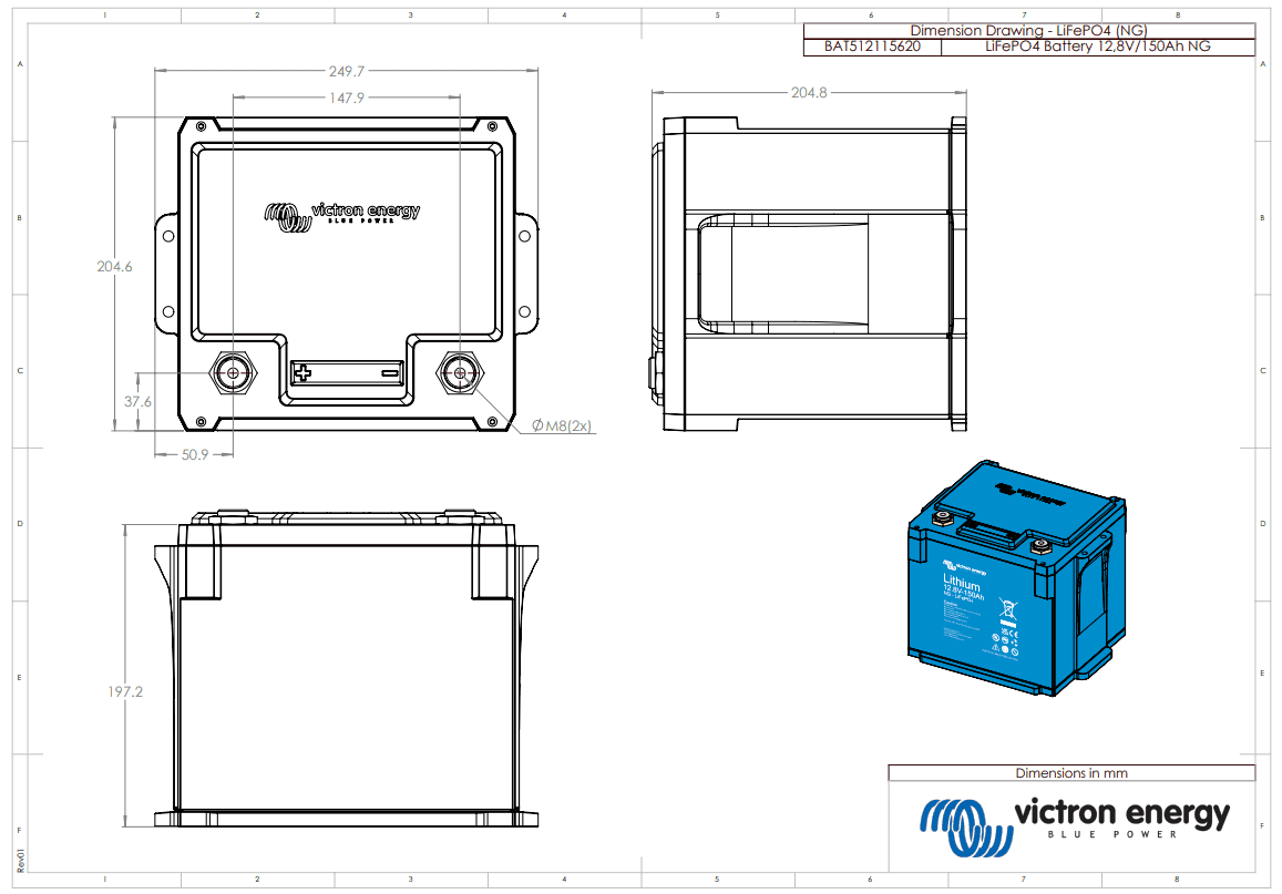 Medidas Bateria de litio LiFePO4 Victron 12,8V 150Ah NG - BAT512115620