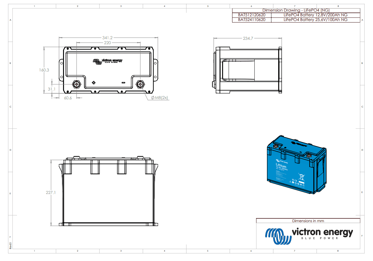 Medidas Bateria de litio LiFePO4 Victron 12,8V 200Ah NG - BAT512120620