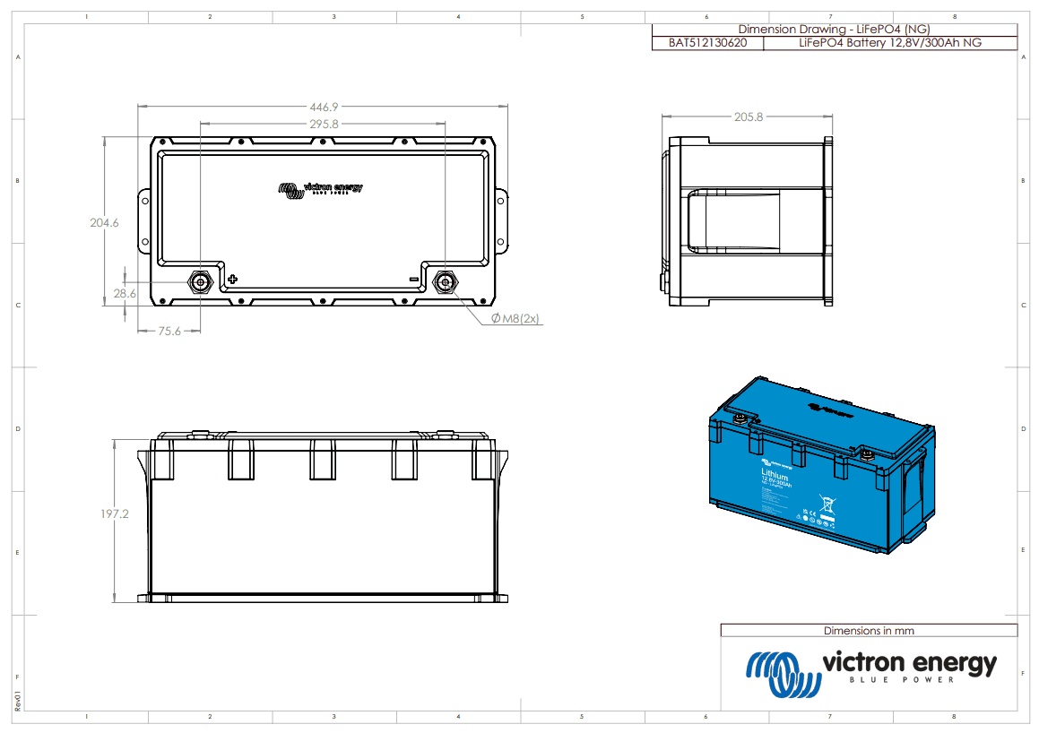 Medidas Bateria de litio LiFePO4 Victron 12,8V 300Ah NG - BAT512130620