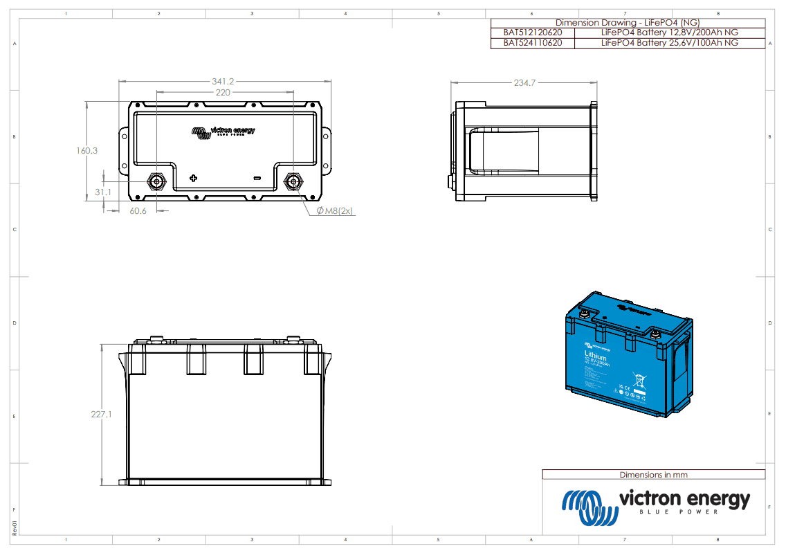 Mesures Batterie Victron LiFePO4 au lithium 25,6V 100Ah NG- BAT524110620