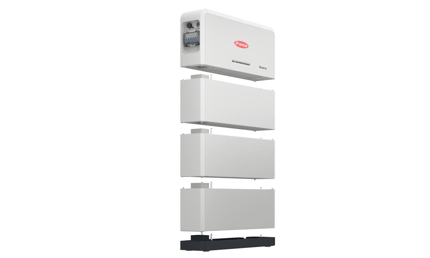 Estructura de la batería Fronius Reserva Despiece de la batería Fronius Reserva con la base, los módulos apilables y la unidad BMS