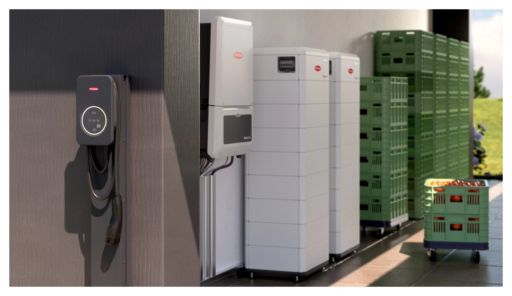 Fronius Reserva PRO mit Verto Plus-Wechselrichter Zwei Fronius Reserva PRO-Batterietürme in Kombination mit einem Fronius Verto Plus-Wechselrichter