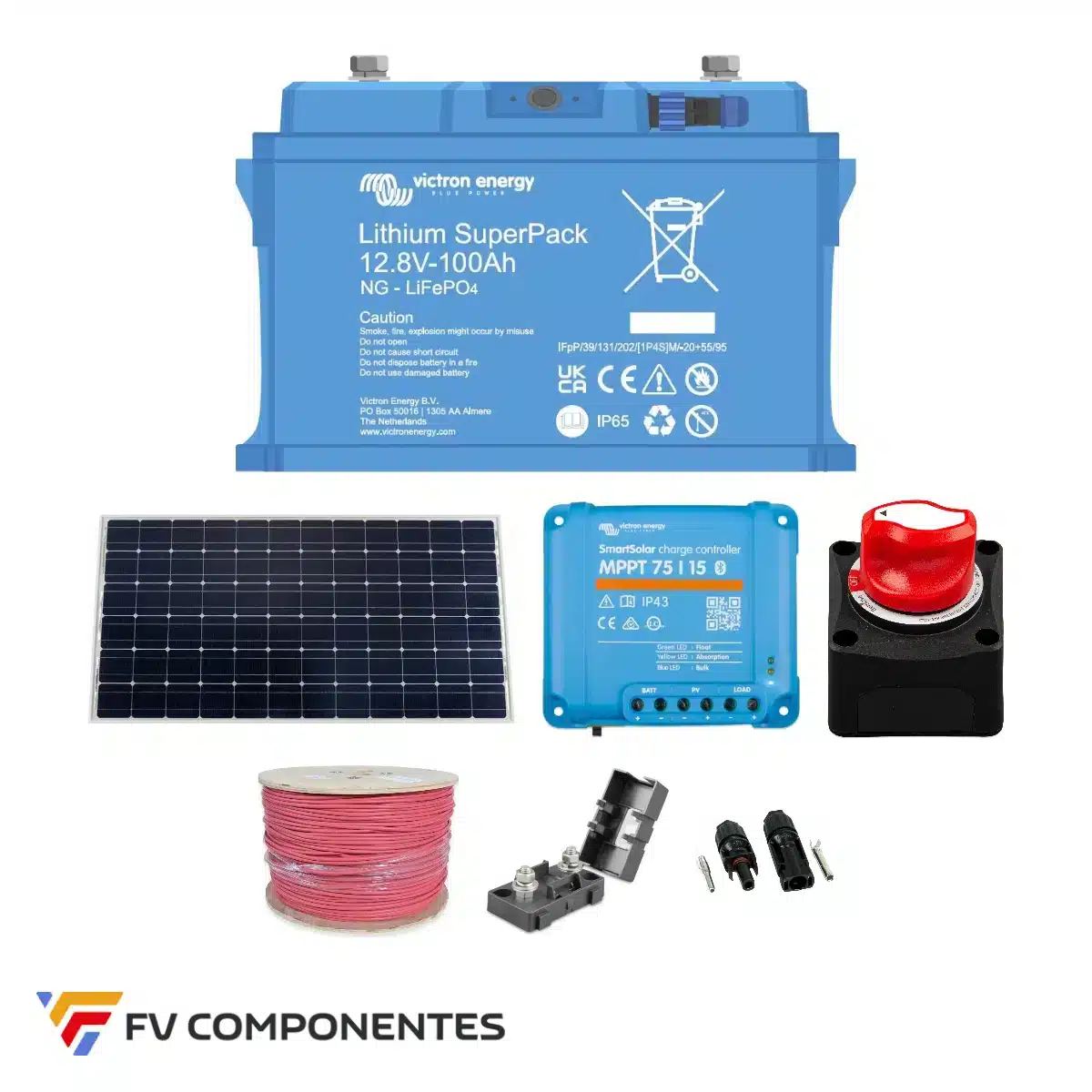 Kit solar para cámaras de vigilancia Básico 12 V 190 W con batería de litio Victron 100 Ah Kit solar para cámaras de vigilancia Básico 12 V 190 W con batería de litio Victron 100 Ah