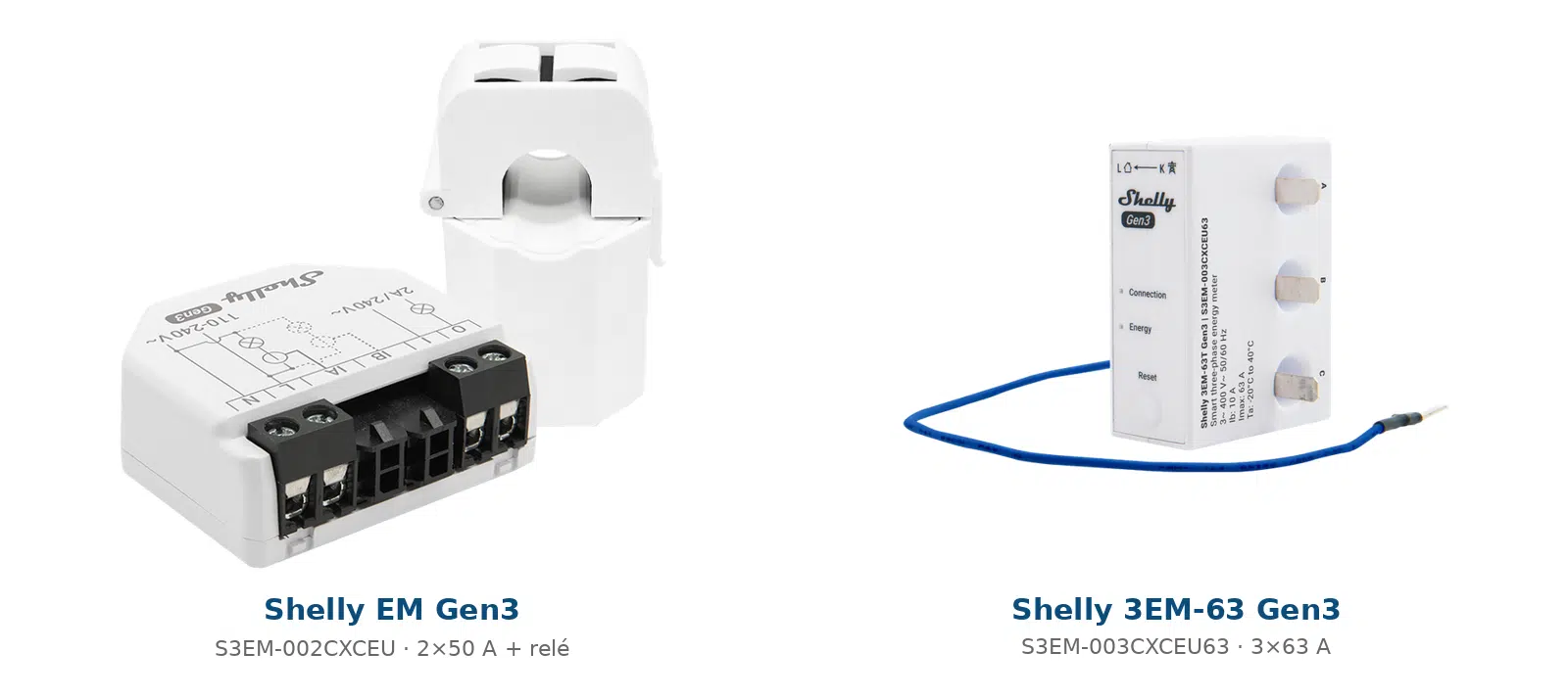 Shelly + Victron : guide complet sur les relais, les compteurs et les contacteurs pour tirer parti des excédents photovoltaïques 6 Shelly EM Gen3 avec pinces et relais, et Shelly 3EM-63 Gen3 triphasé
