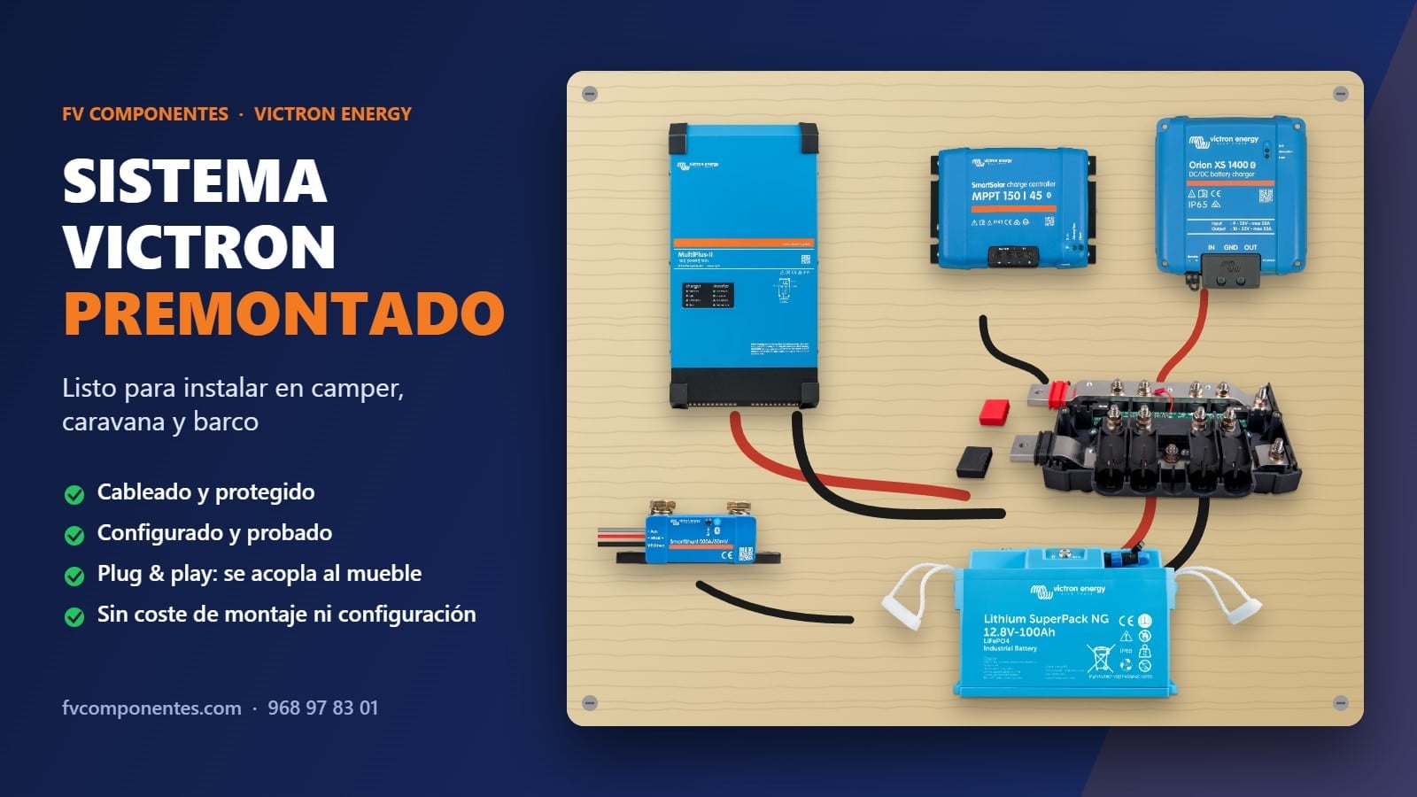 Installation électrique pour camping-car avec Victron pré-monté sur panneau : prête à être installée dans un fourgon, une caravane ou un bateau 2 Système Victron pré-monté sur panneau : câblé, protégé, configuré et prêt à être installé dans un camping-car, une caravane ou un bateau
