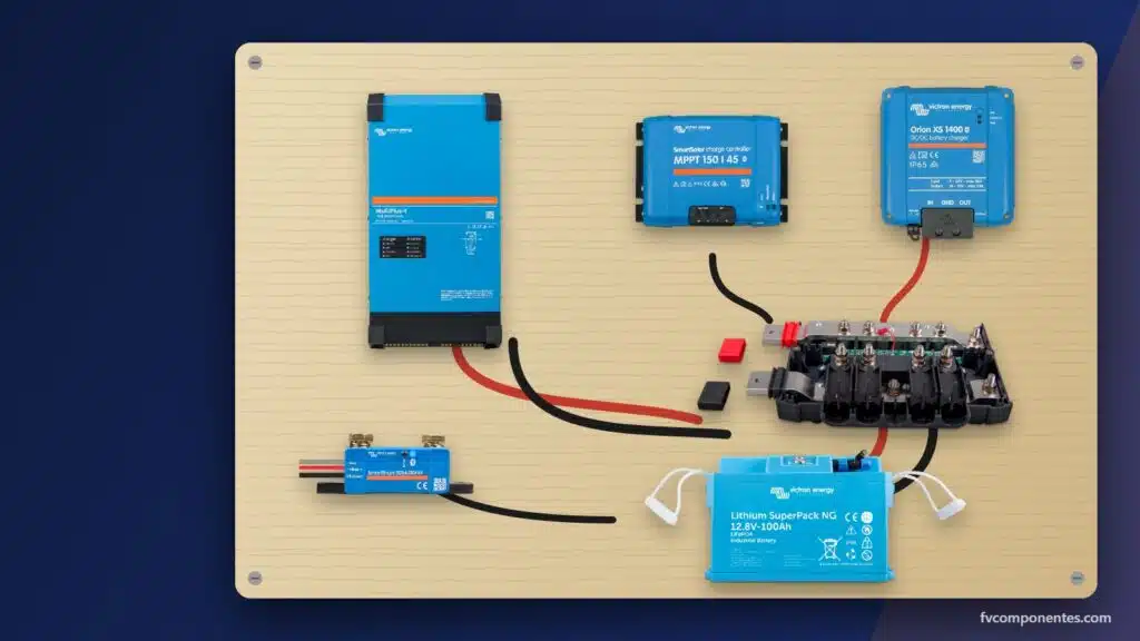Panneau avec système Victron pré-monté : MultiPlus, SmartSolar MPPT, Orion XS, Lynx Distributor, SmartShunt et batterie au lithium SuperPack, câblé et prêt à être installé