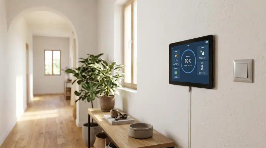 An Android tablet mounted on the wall of a house, displaying the control panel of a Victron system