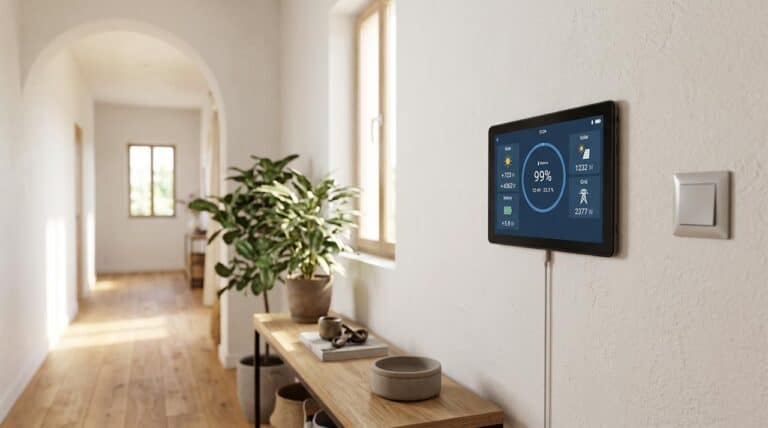 FVComponentes.com - Tienda solar especializada en Victron Energy 60 Tablet Android fija en la pared de una casa mostrando el panel de un sistema Victron